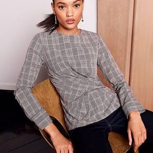 Ann Taylor Sz 0 Plaid Side Twist Drape Shirt Long Sleeve Asymmetric Blouse Top